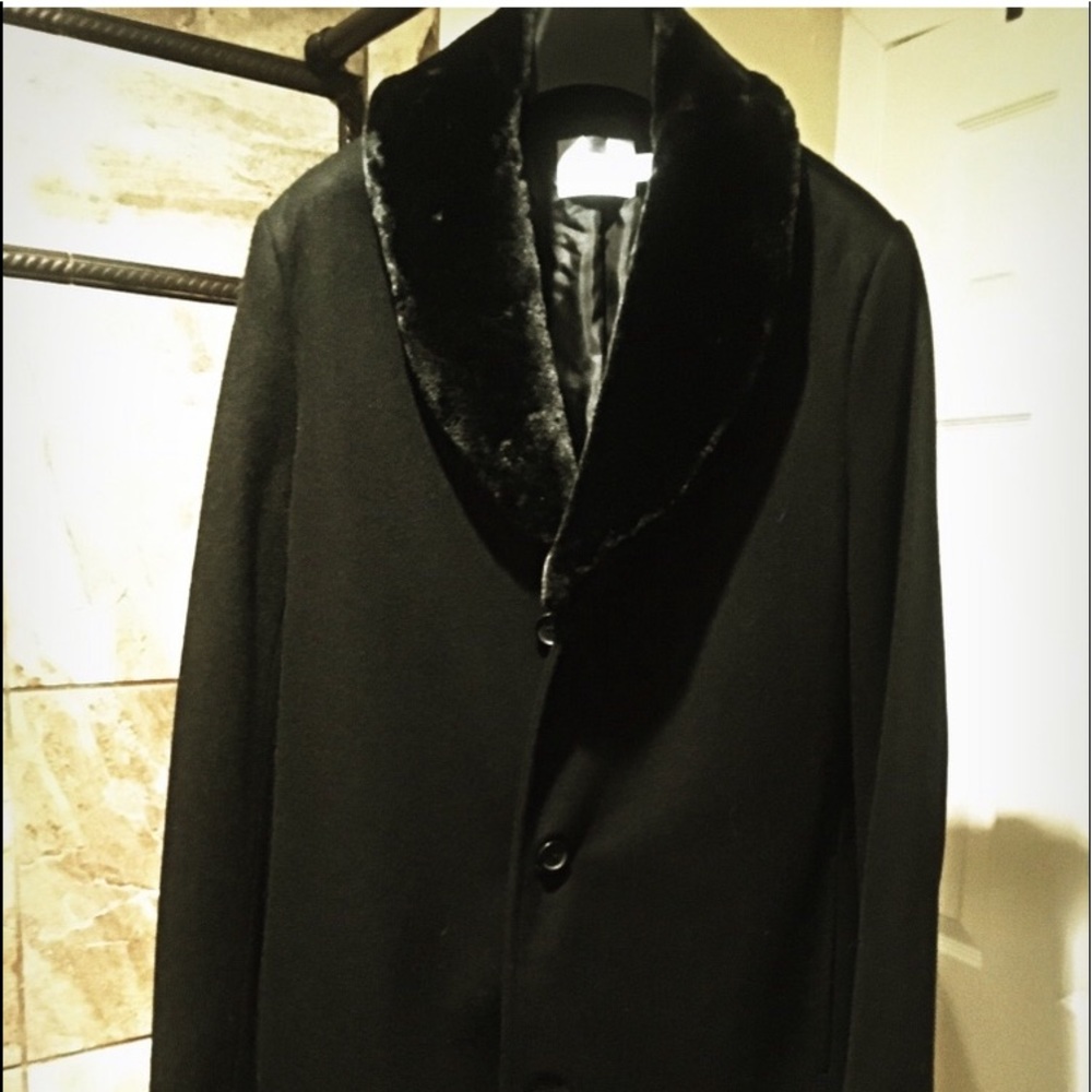 Topman Faux Fur Trim Black Wool Topcoat